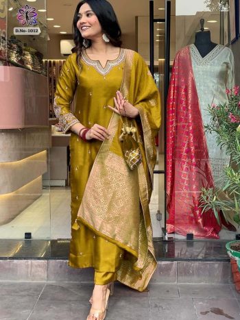 TRENDING ROMAN SILK EMBROIDERY SEQUENCE WORK TOP BOTTOM WITH DUPATTA MUSTARD