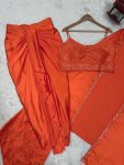 TRENDING SATIN SILK THREAD SEQUENCE WORK STITCHED DHOTI STYLE SKIRT WITH JACKET AND UNSTITCHED BLOUSE PARTY WEAR WHOLESALE PRICE ETHNIC (3)