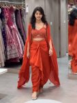 TRENDING SATIN SILK THREAD SEQUENCE WORK STITCHED DHOTI STYLE SKIRT WITH JACKET AND UNSTITCHED BLOUSE ORANGE