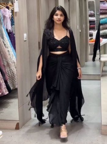 TRENDING SATIN SILK THREAD SEQUENCE WORK STITCHED DHOTI STYLE SKIRT WITH JACKET AND UNSTITCHED BLOUSE BLACK