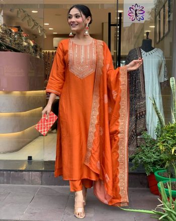 TRENDING SILK EMBROIDREY HANDWORK TOP BOTTOM WITH DUPATTA ORANGE
