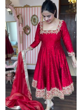 TRENDING VICHITRA SILK EMBROIDERY SEQUENCE WORK GOWN BOTTOM WITH DUPATTA RED