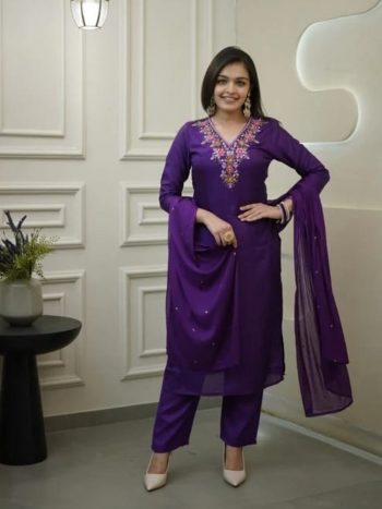 TRENDING VICHITRA SILK EMBROIDERY SEQUENCE WORK TOP BOTTOM WITH DUPATTA PURPLE
