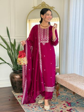 TRENDING VICHITRA SILK EMBROIDERY THREAD SEQUENCE WORK TOP BOTTOM WITH DUPATTA RANI