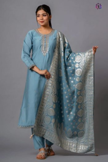 TRENDING VISCOSE CHANDERI SILK EMBROIDERY WORK TOP BOTTOM WITH DUPATTA SKY