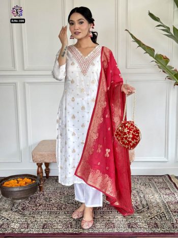 TRENDING VISCOSE JACQUARD EMBROIDERY WORK TOP BOTTOM WITH DUPATTA WHITE