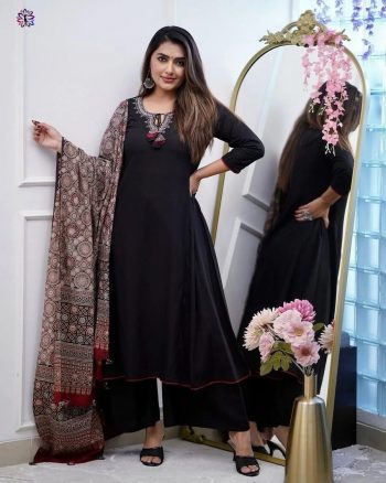TRENDING VISCOSE RAYON EMBROIDERY WORK TOP PALAZZO WITH PRINTED DUPATTA BLACK