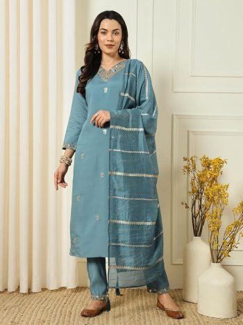 TRENDING VISCOSE ROMAN SILK ZARI EMBROIDERY SEQUENCE WORK TOP BOTTOM WITH DUPATTA SKY