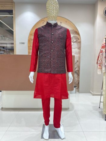 DESIGNER SILK JACQUARD MEN'S KURTA PAYJAMA WITH KOTI RED