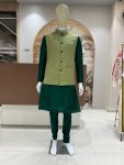 DESIGNER SILK JACQUARD MEN'S KURTA PAYJAMA WITH KOTI GREEN