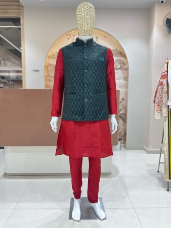 DESIGNER SILK JACQUARD MEN'S KURTA PAYJAMA WITH KOTI RED
