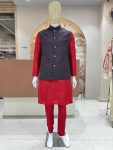 DESIGNER SILK JACQUARD MEN'S KURTA PAYJAMA WITH KOTI RED