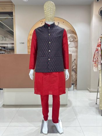 DESIGNER SILK JACQUARD MEN'S KURTA PAYJAMA WITH KOTI RED
