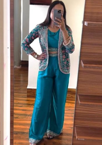 DESIGNER CHINON EMBROIDERY SEQUENCE WORK BLOUSE PALAZZO WITH KOTI SKY