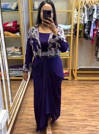 DESIGNER CHINON EMBROIDERY WORK DRAPE SKIRT BLOUSE AND KOTI PURPLE