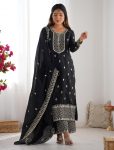 DESIGNER CHINON SILK EMBROIDERY SEQUENCE LACE WORK TOP PALAZZO WITH DUPATTA BLACK