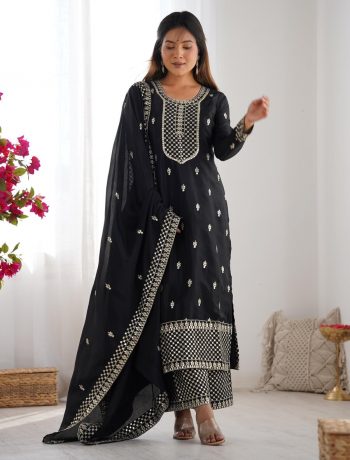 DESIGNER CHINON SILK EMBROIDERY SEQUENCE LACE WORK TOP PALAZZO WITH DUPATTA BLACK