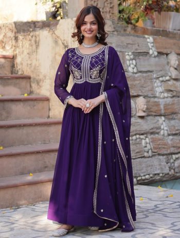 DESIGNER FAUX BLOOMING SEQUENCE MULTI AND BEADS EMBROIDERED WORK GOWN WITH DUPATTA PURPLE