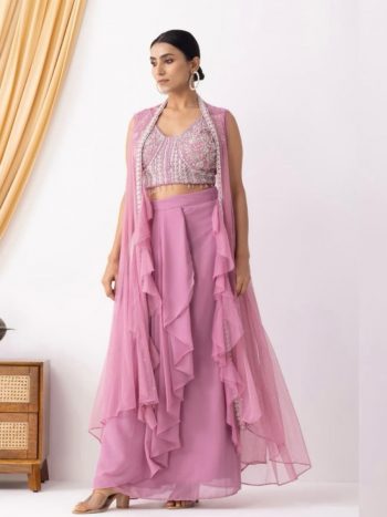 DESIGNER GEORGETTE EMBROIDERY BEADS SEQUENCE WORK WITH HEAVY LACE WORK BLOUSE DHOTI WITH KOTI  BABY PINK