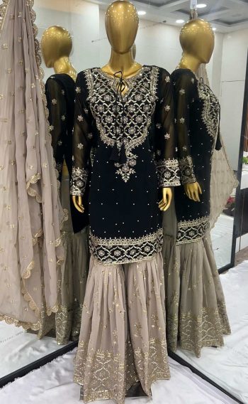 DESIGNER GEORGETTE EMBROIDERY SEQUENCE WORK  TOP SHARARA WITH DUPATTA BLACK