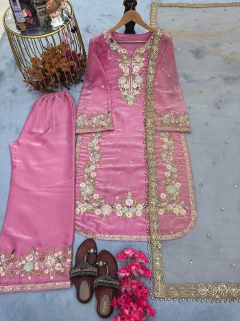 DESIGNER SEQUENCE AND ZARI EMBROIDERY WITH PEARL AND DIAMOND HANDWORK TOP PALAZZO WITH DUPATTA BABY PINK