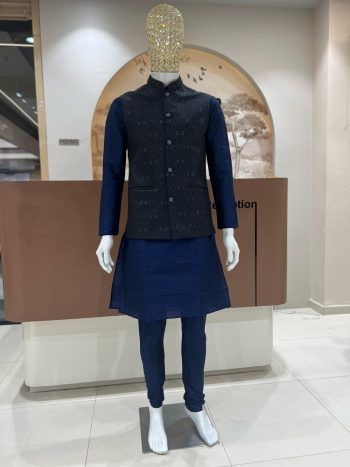 DESIGNER SILK JACQUARD MEN'S KURTA PAYJAMA WITH KOTI NAVY BLUE