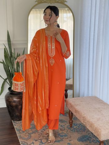 DESIGNER VISCOSE CHANDERI EMBROIDERY WORK TOP BOTTOM WITH DUPATTA ORANGE