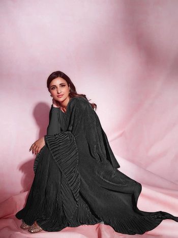 FANCY CHINON CRUSHED SAREE WITH UNSTITCHED BLOUSE  BLACK