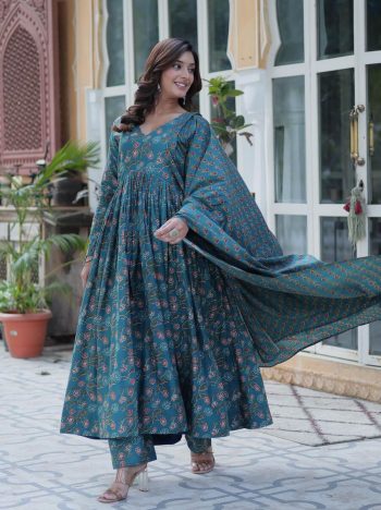 FANCY COTTON DIGITAL PRINTED ALIA CUT GOWN BOTTOM WITH DUPATTA RAMA
