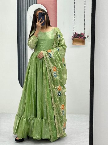 FANCY FENDI SILK RUFFLE WORK GOWN WITH DUPATTA PISTA