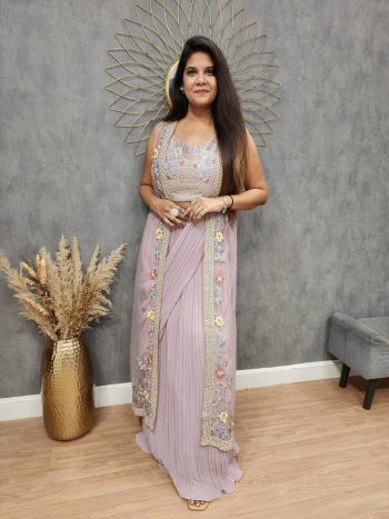 FANCY GEORGETTE EMBROIDERY LEHENGA SAREE WITH BLOUSE AND KOTI  BABY PINK