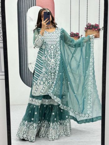 FANCY LILY NET EMBROIDERY CODING  AND SEQUENCE WORK TOP SHARARA WITH DUPATTA  GREEN