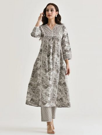 FANCY RAYON SLUB PRINTED WITH MOTI AND LACE WORK TOP BOTTOM SET GREY