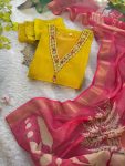 FANCY ROMAN SILK HAND AND EMBROIDERY WORK TOP BOTTOM WITH DUPATTA YELLOW