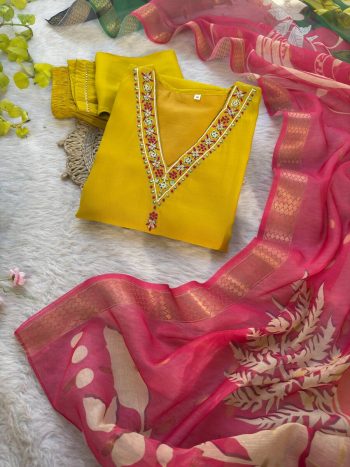 FANCY ROMAN SILK HAND AND EMBROIDERY WORK TOP BOTTOM WITH DUPATTA YELLOW