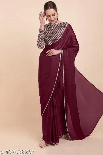 FANCY STAR GEORGETTE PEARL LACE BORDER WORK SAREE WITH UNSTITCHED BLOUSE  MAROON