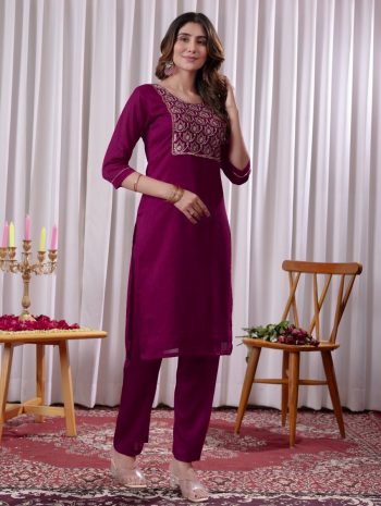 FANCY VICHITRA SILK EMBROIDERY WORK TOP BOTTOM SET  WINE