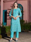 NEW ARRIVAL COTTON BLEND FOIL PRINT AND MIRROR WORK  TOP PANT SET  SKY