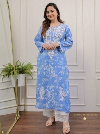 NEW ARRIVAL COTTON CHIKANKARI WORK TOP BOTTOM SET SKY