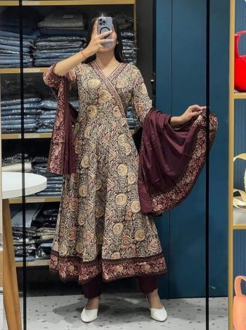 NEW ARRIVAL COTTON EMBROIDERY WORK ANARKALI GOWN BOTTOM WITH DUPATTA  CHIKU