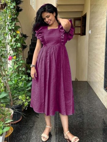 NEW ARRIVAL COTTON FRILL SLEEVES WORK ONE PIECE MIDI DRESS MAROON