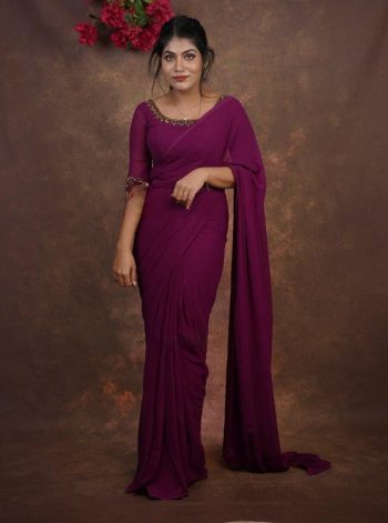 NEW ARRIVAL FAUX GEORGETTE PLAIN READY TO WEAR SAREE WITH HAND WORK STITCHED BLOUSE PURPLE