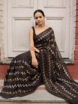 NEW ARRIVAL FAUX GEORGETTE ZIGZAG MULTI THREAD WORK SAREE WITH STITCHED BLOUSE BLACK