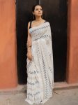 NEW ARRIVAL FAUX GEORGETTE ZIGZAG MULTI THREAD WORK SAREE WITH STITCHED BLOUSE WHITE