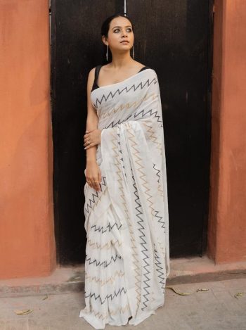 NEW ARRIVAL FAUX GEORGETTE ZIGZAG MULTI THREAD WORK SAREE WITH STITCHED BLOUSE WHITE