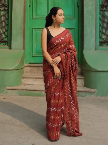NEW ARRIVAL FAUX GEORGETTE ZIGZAG MULTI THREAD WORK SAREE WITH STITCHED BLOUSE RED