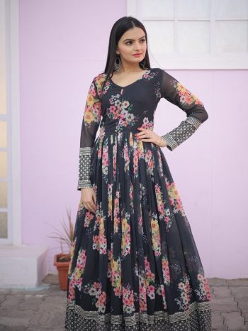 NEW ARRIVAL GEORGETTE DIGITAL PRINTED WITH EMBROIDERY ZARI SEQUENCE WORK GOWN BLACK