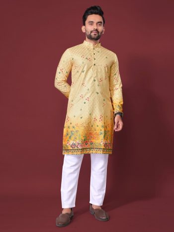 NEW ARRIVAL RAYON COTTON CROCHET WORK KURTA PAYJAMA  YELLOW