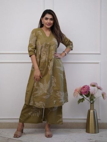 NEW ARRIVAL RAYON COTTON PRINT AND HANDWORK TOP BOTTOM SET  MEHNDI
