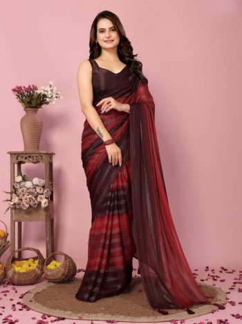 NEW ARRIVAL SOFT NYLON THREE TONE COLOR SHADE READY TO WEAR SAREE WITH UNSTITCHED BLOUSE  MAROON